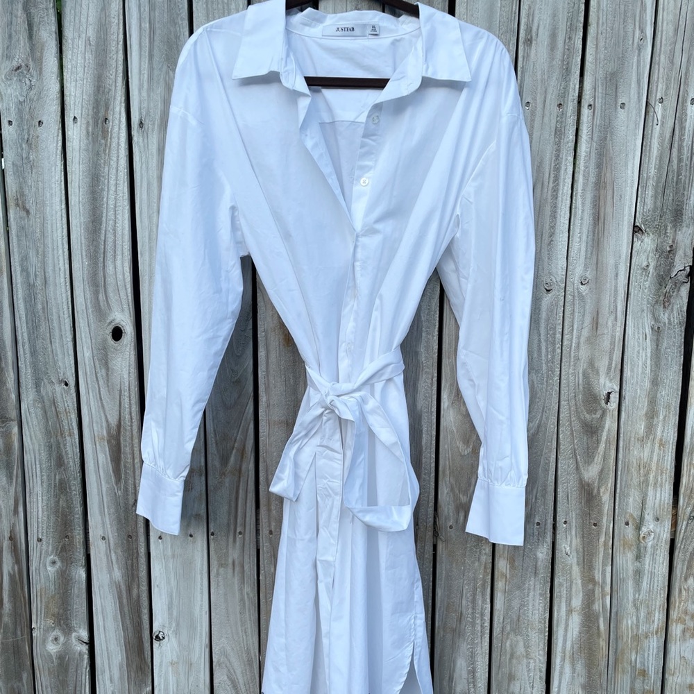 JustFab, long sleeve button down shirt dress.